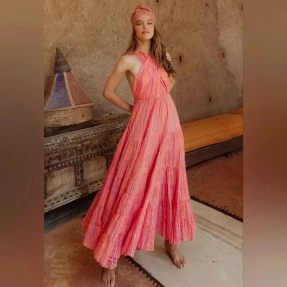 SUNDRESS Suzie Maxi Dress Sao Paolo Rainbow Metallic Stripe Pink Size Large  NWT - Picture 2 of 9